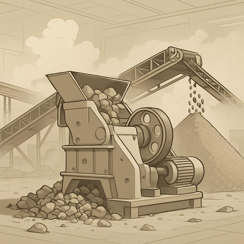 A large industrial rock crusher or hammer mill processes large rocks in a factory setting.