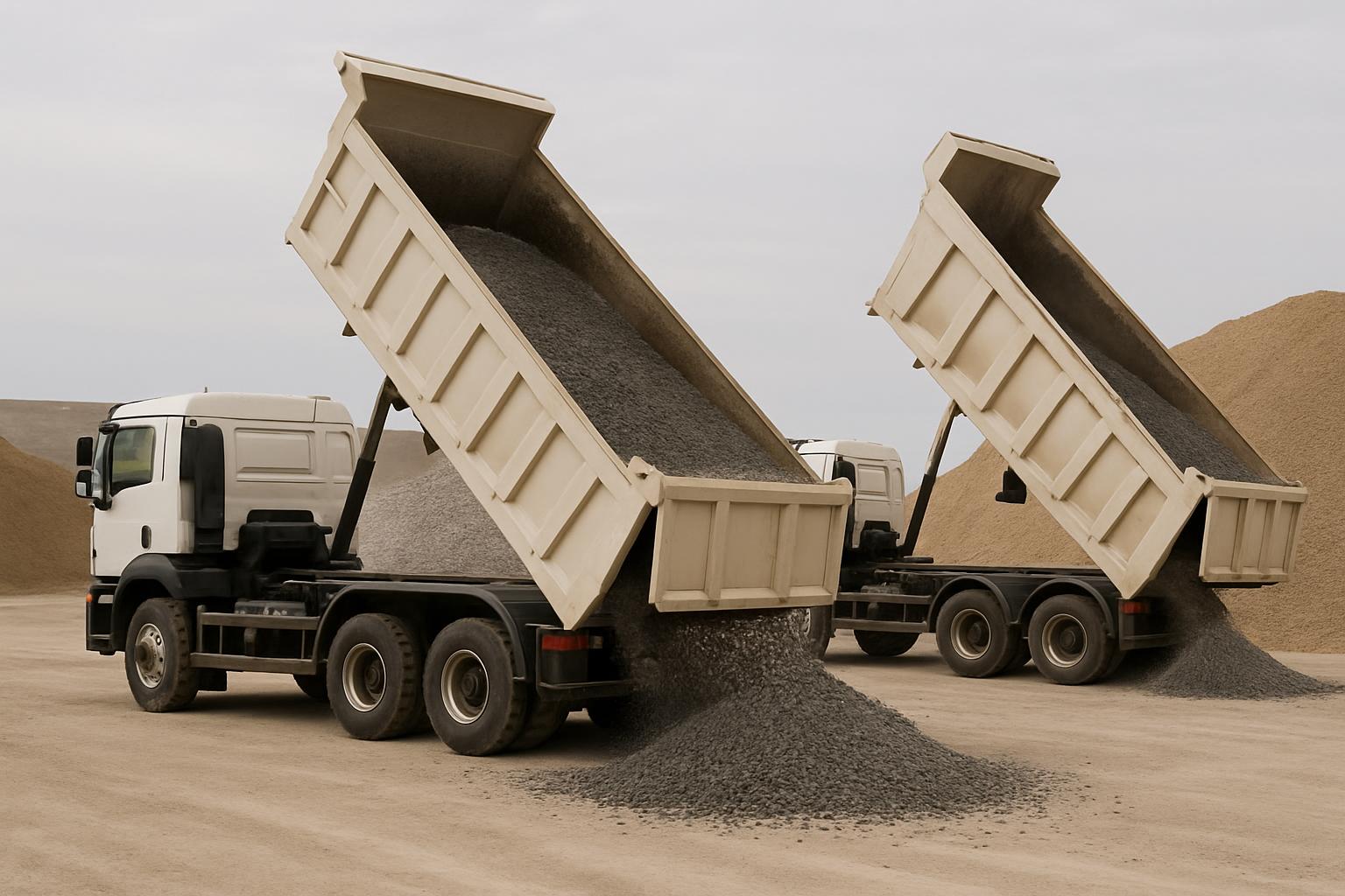 Two large, dump trucks pouring gravel in an open-top bed, with an overcast grey sky. The gravel, placed on its side, overl...