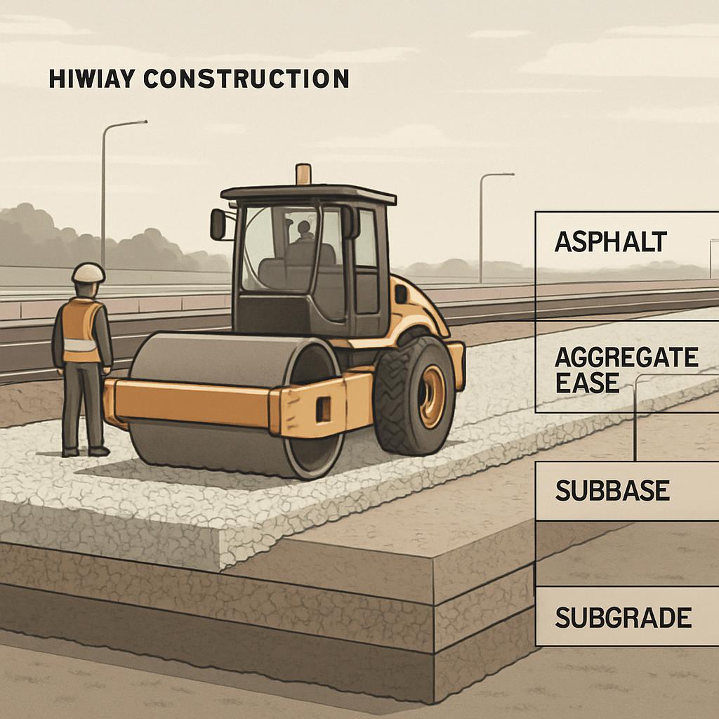 The alt text for the image is: "Layers of a highway construction site, including asphalt, aggregate ease, subbase, and sub...