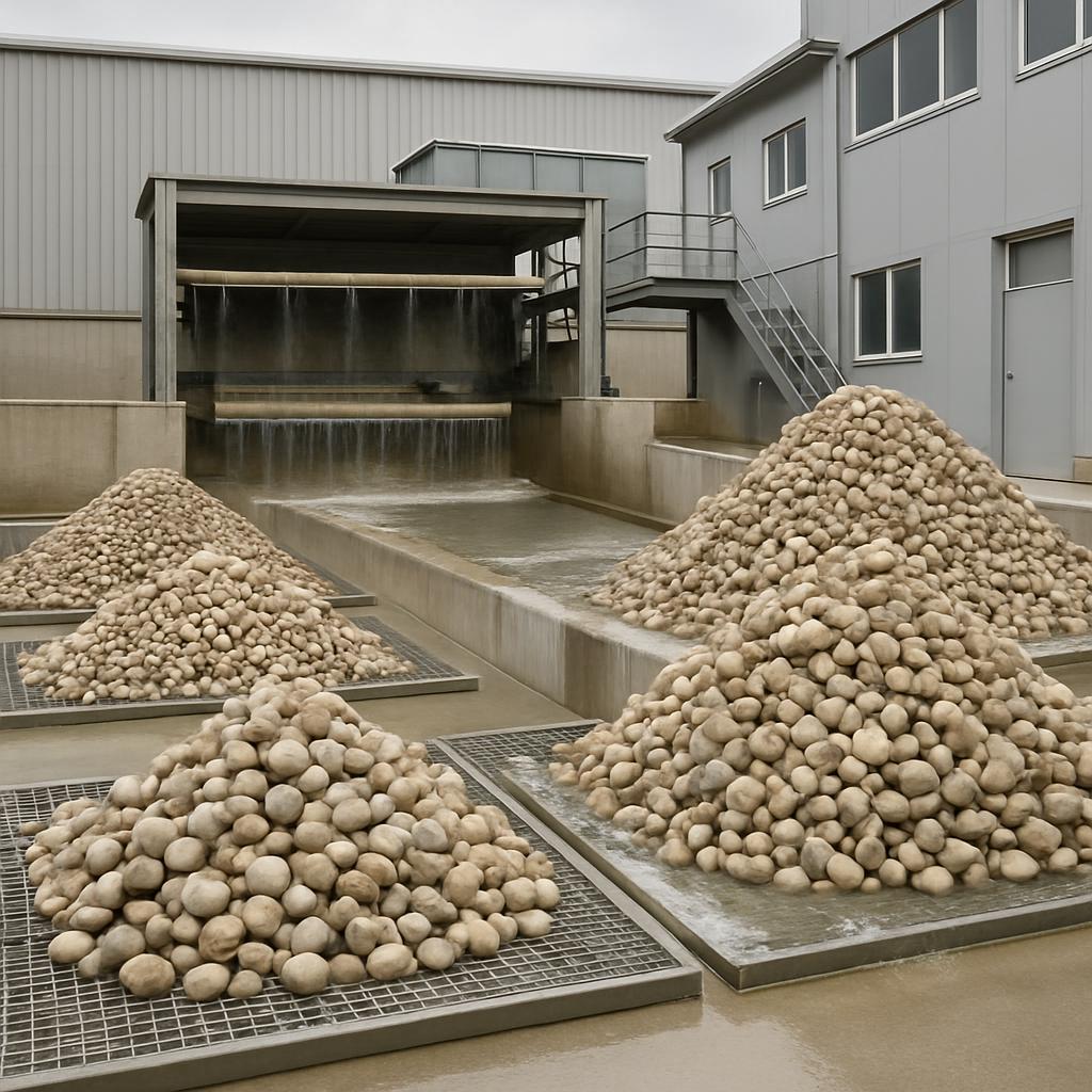 A warehouse or storage facility with various piles of small, smooth rocks or stones placed on metal grates and concrete su...