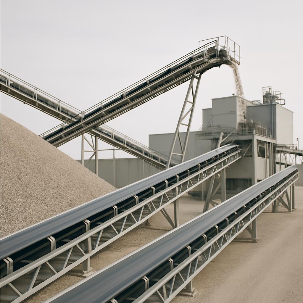 A long conveyor belt carries a substantial pile of sand or gravel past metal machinery in a factory setting, conveying mat...