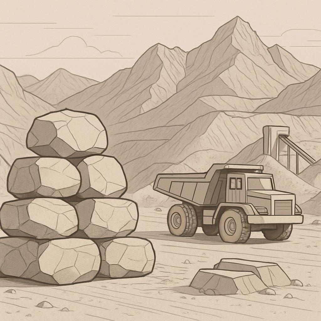 A cartoon-style illustration of a large dump truck carrying large portfolio stones in a desert landscape.